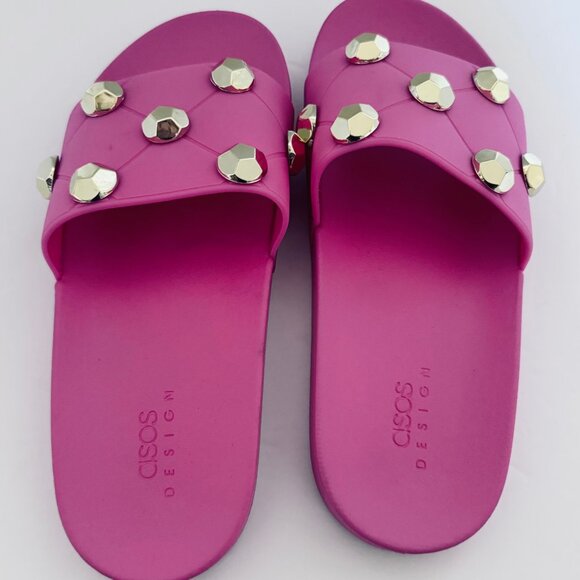 ASOS Design Women's Pink Slides Sandals US Size 8 Embellished with Gold Studs - Picture 8 of 14